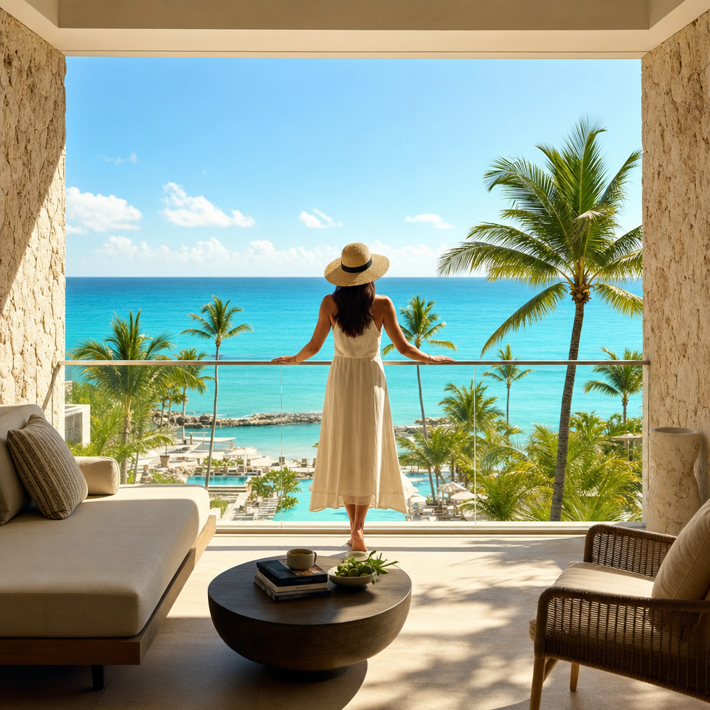 A woman enjoying an ocean view from a luxury resort balcony