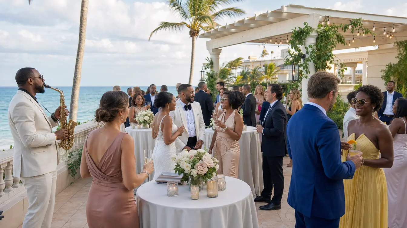 Destination wedding guests enjoying cocktails and live saxophone music on an oceanfront resort terrace