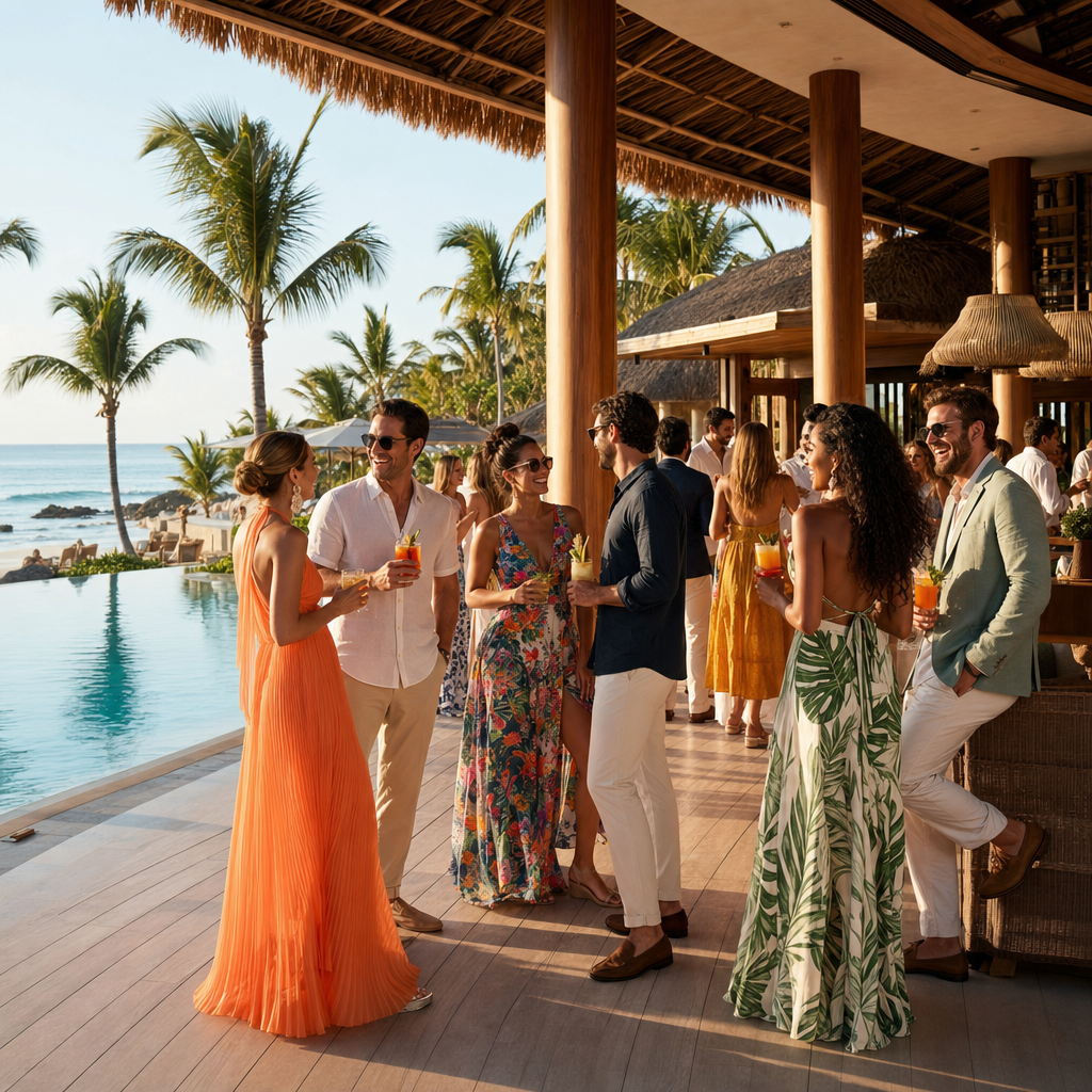 Wedding guests enjoying cocktails beside an infinity pool at a tropical resort