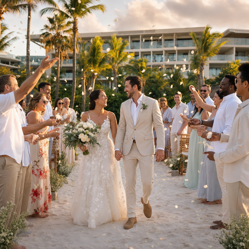 A newlywed couple walking through flower petals after a destination wedding ceremony at a tropical resort