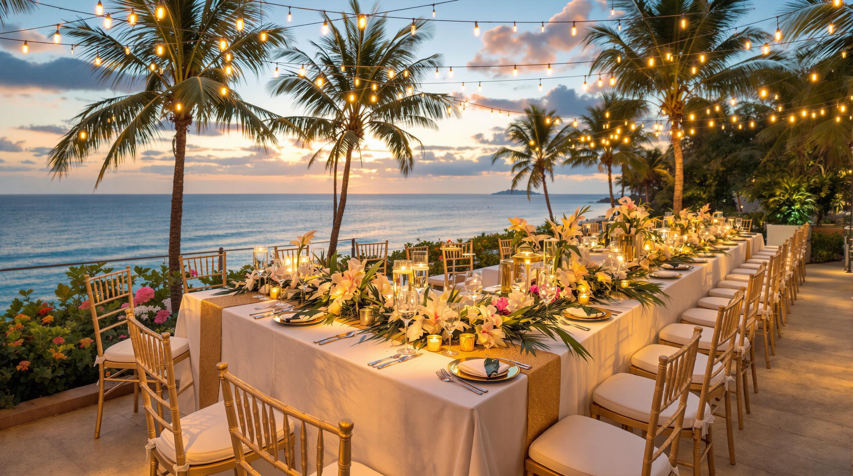 Elegant wedding reception with ocean views