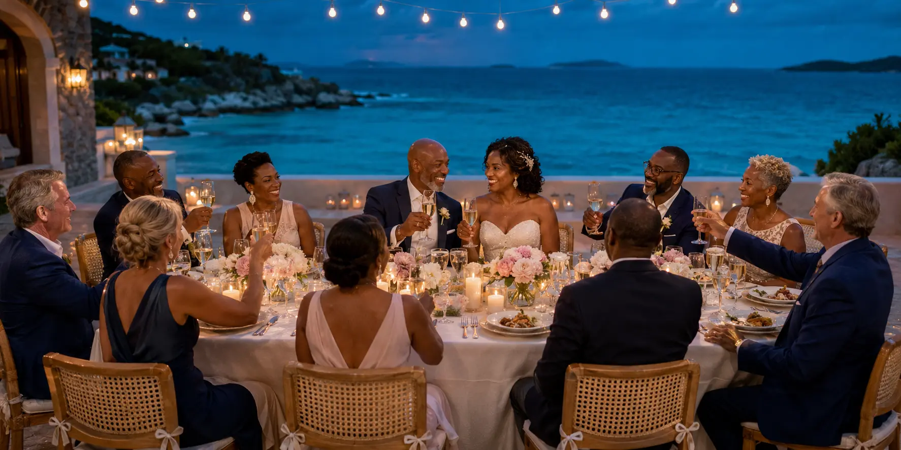 Black newlyweds sharing a candlelit oceanfront wedding dinner with a small group of guests