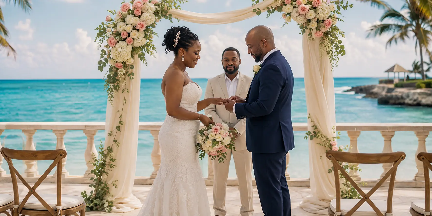 Black bride and groom exchanging rings during an intimate oceanfront symbolic destination wedding