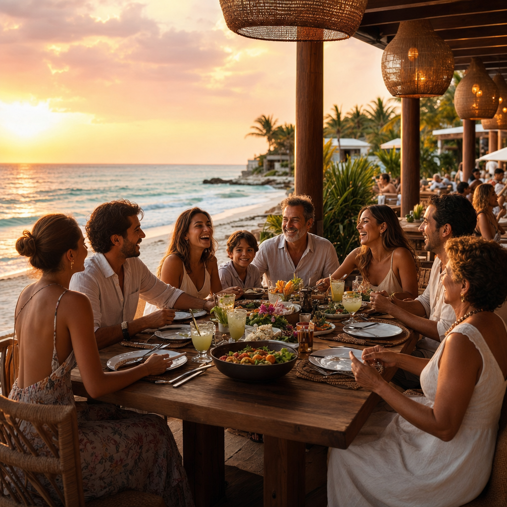 Family and friends enjoying dinner together at a beachfront resort during sunset