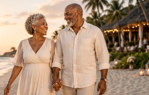 A mature couple celebrating their love on a tropical beach