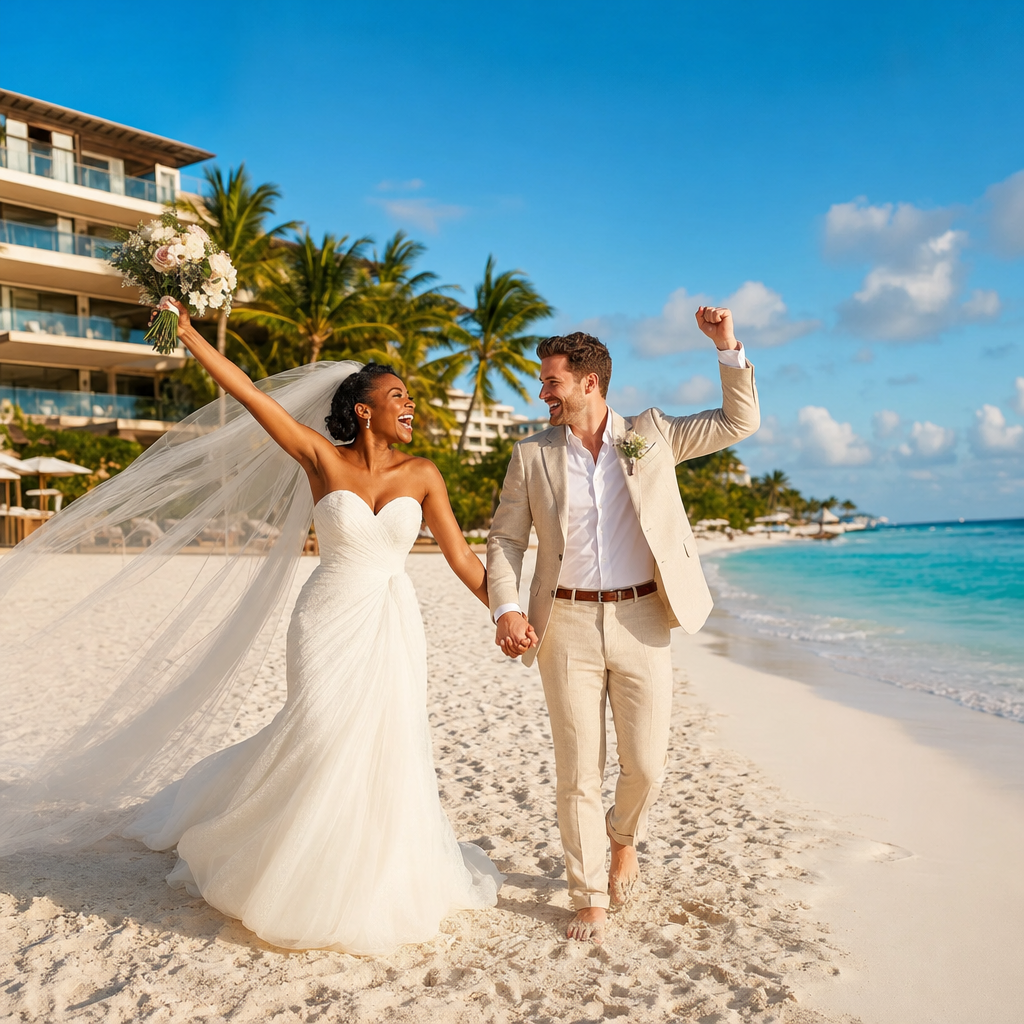 A joyful Black bride and white groom celebrating together on a tropical beach at a luxury resort