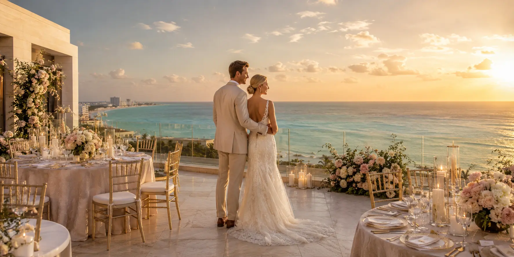 White newlyweds at an elegant rooftop wedding reception overlooking the Caribbean at sunset
