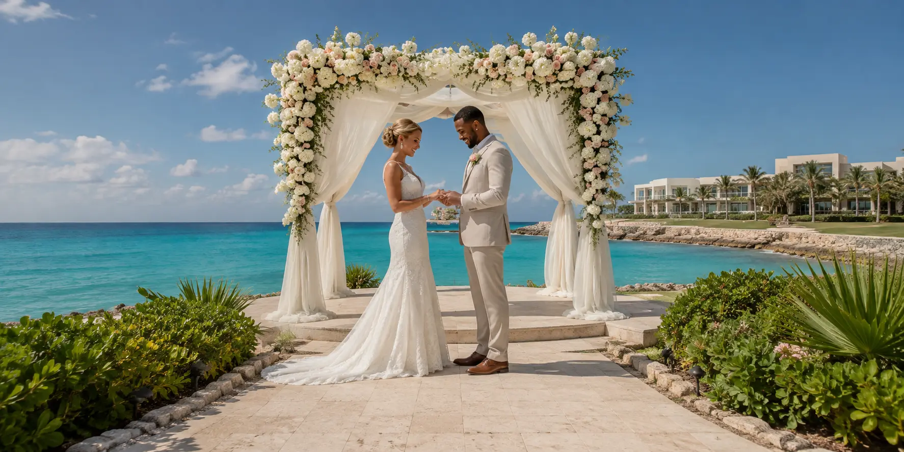 White bride and Black groom exchanging rings beside vivid turquoise Caribbean water