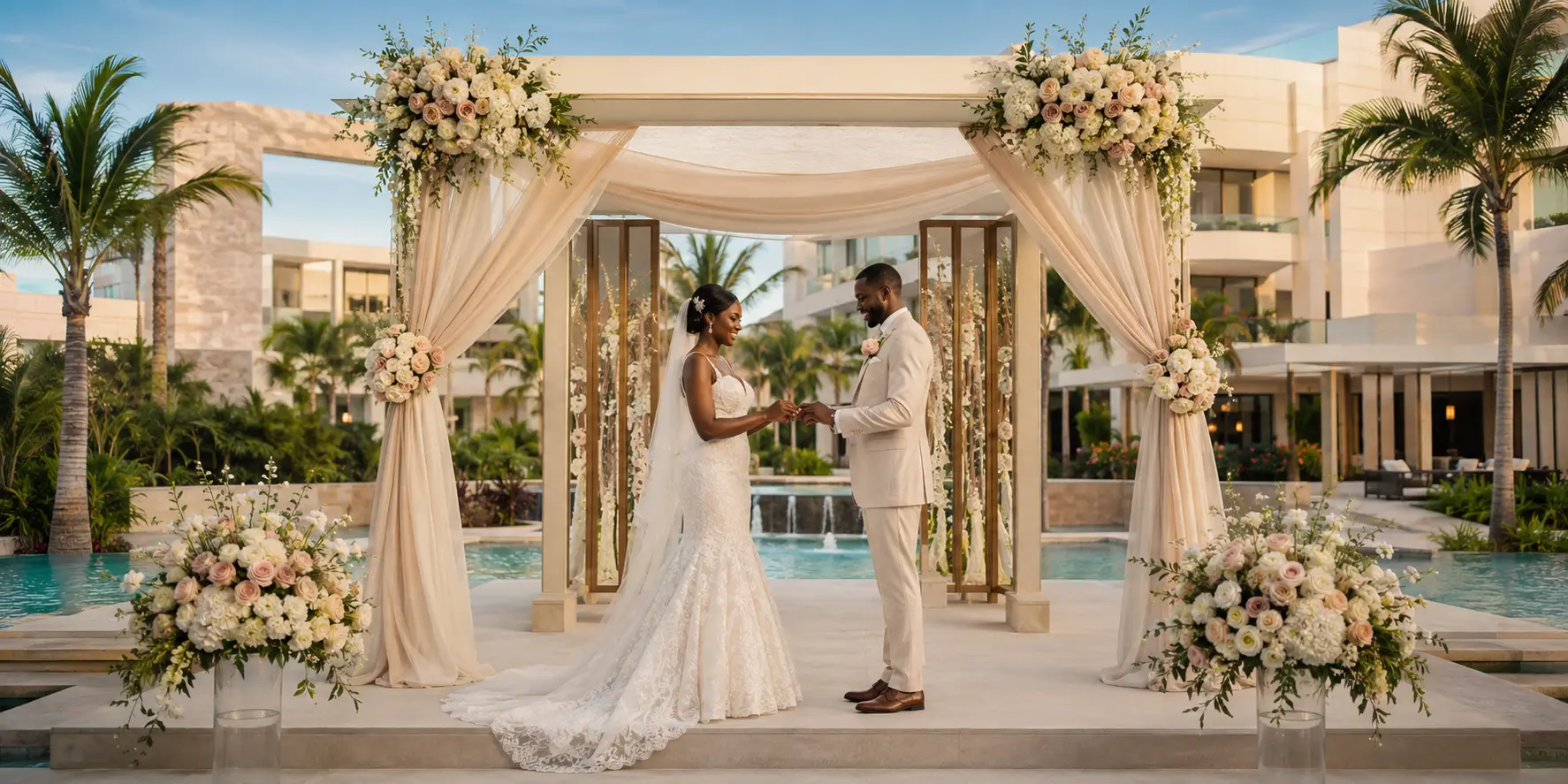 Black bride and groom exchanging rings during an elegant symbolic wedding at a large tropical Cancun resort