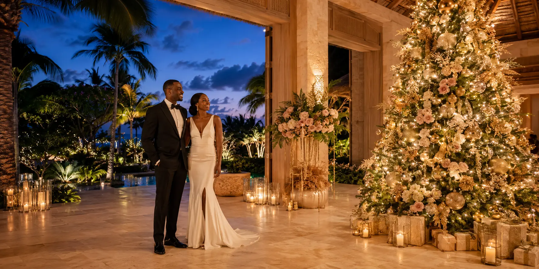 Black newlyweds enjoying an elegant Christmas setting at a tropical resort
