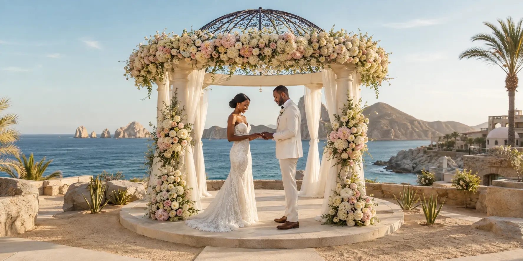 Illustrative family destination wedding scene for Hyatt Ziva Los Cabos