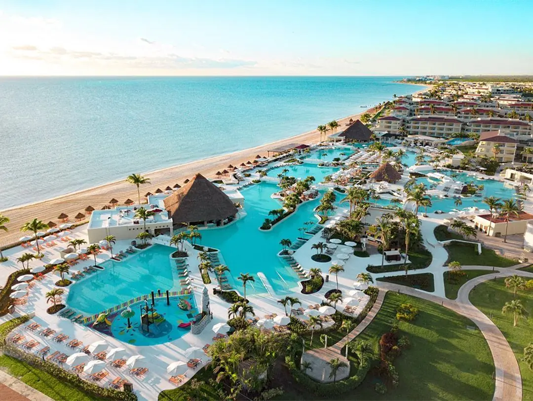 Aerial view of the pools and beachfront at Moon Palace Cancun