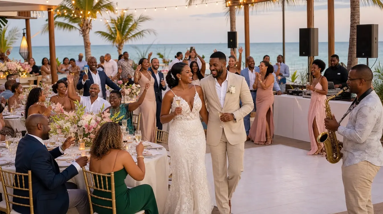 Newlyweds celebrating with friends and family at a private oceanfront destination wedding reception with dinner, dancing, a DJ, and live saxophone music