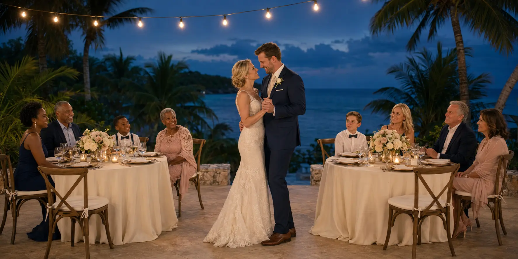 White bride and White groom dancing at a family-friendly Jamaica oceanfront reception