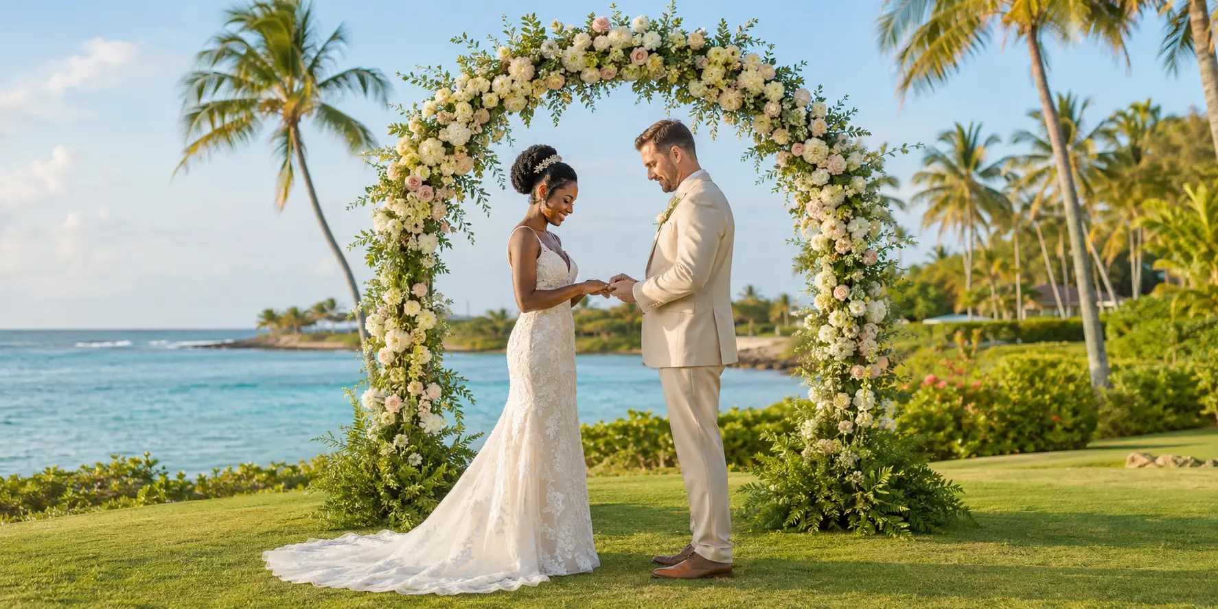 Black bride and White groom exchanging rings on a lush Jamaica oceanfront lawn