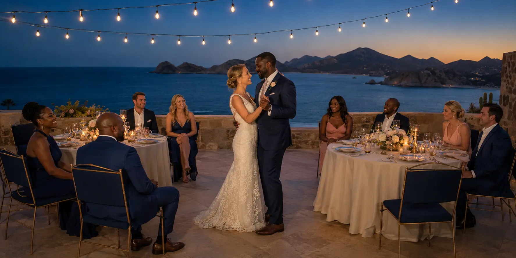 White bride and Black groom dancing at a blue-hour Los Cabos wedding reception