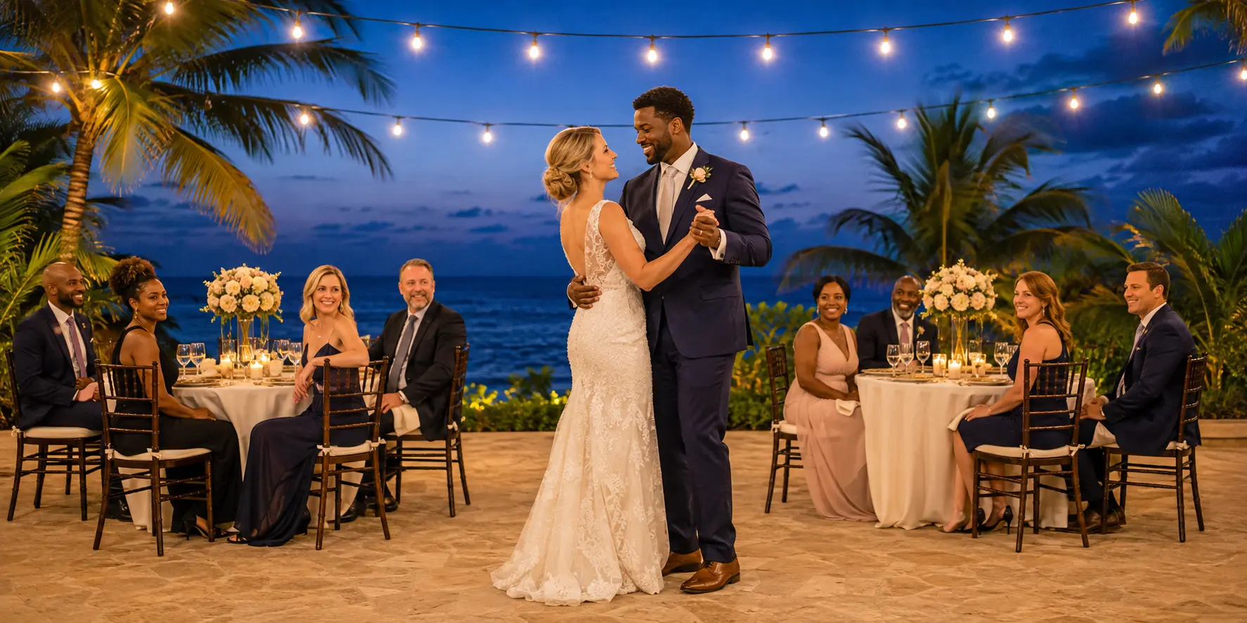 White bride and Black groom dancing at a Jamaica oceanfront wedding reception