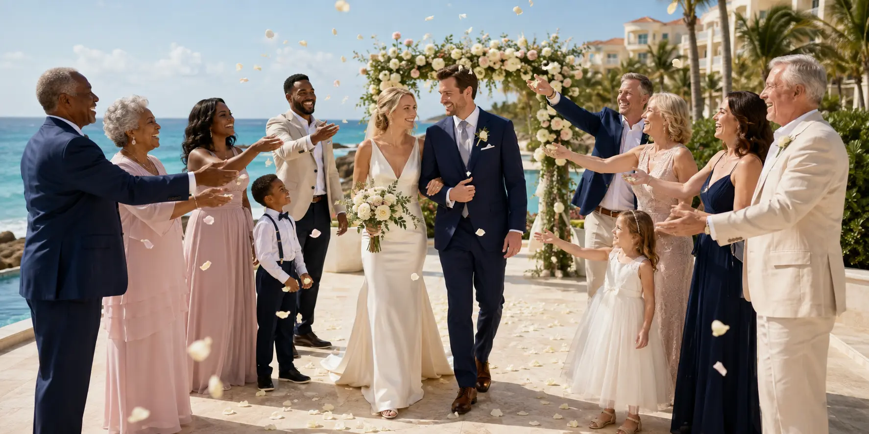 White newlyweds celebrating with Black and White multigenerational family and friends after an illustrative Cancun destination wedding