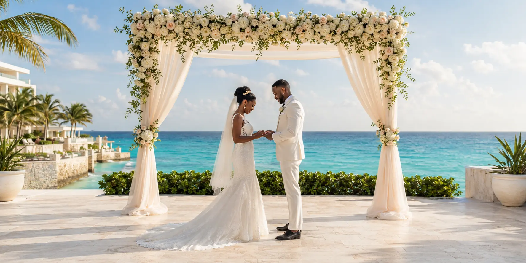 Black bride and groom exchanging rings during an elegant oceanfront symbolic destination wedding in Cancun