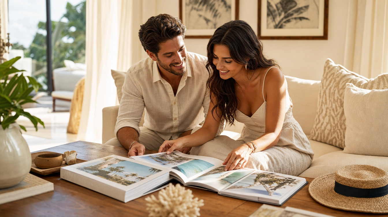 Engaged couple reviewing resort and destination wedding options