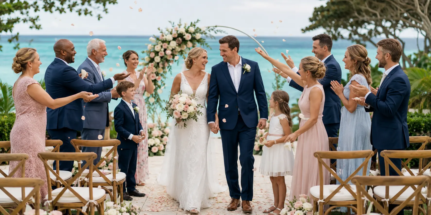 Newlyweds celebrating with ten close family members and friends after a small destination wedding