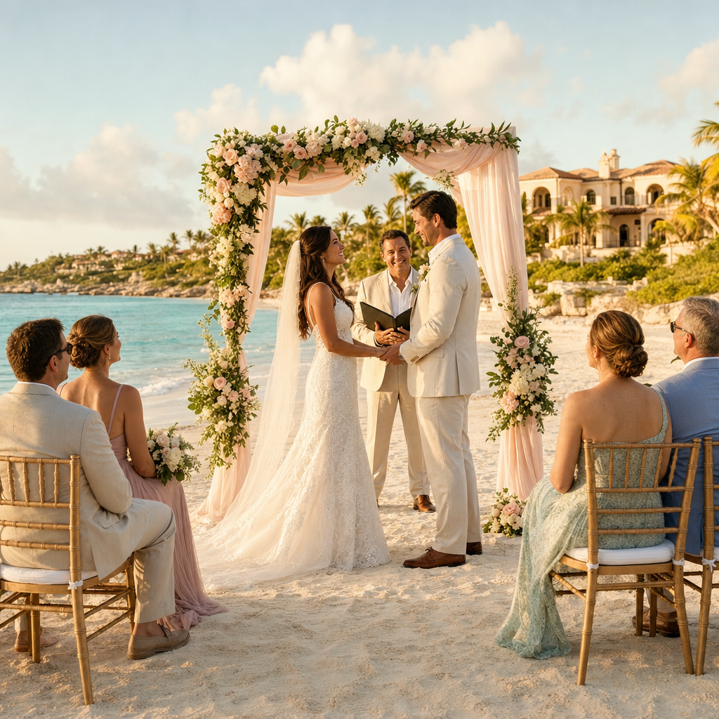 A newlywed couple walking barefoot together along a tropical beach