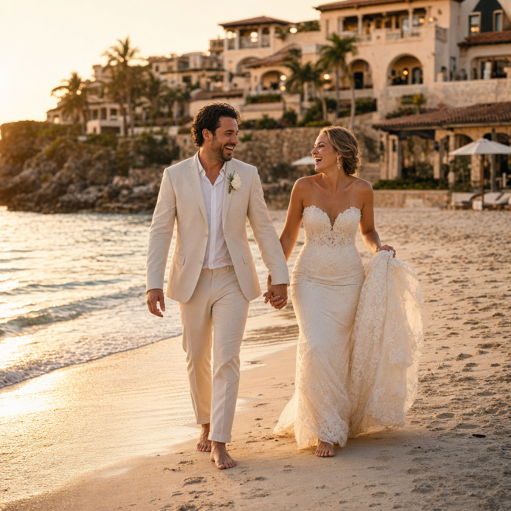 A newly married couple laughing together while walking along the beach