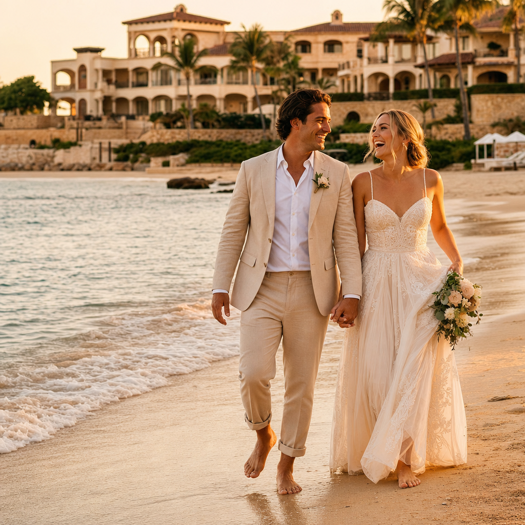 An intimate destination wedding ceremony with close family and friends on the beach