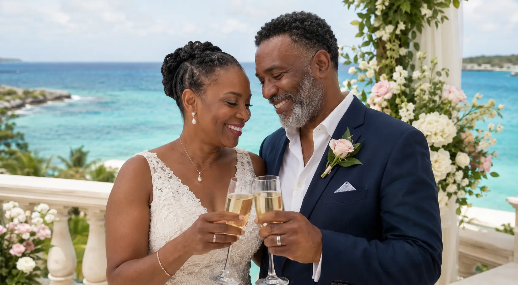Mature Black newlyweds sharing a champagne toast after their symbolic destination wedding