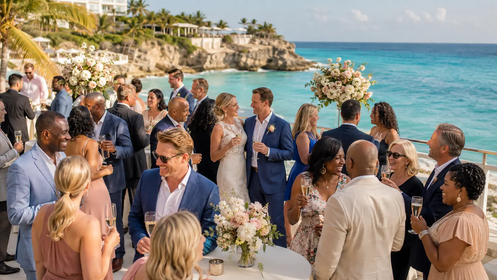 Black and White destination wedding guests enjoying champagne with newlyweds on an oceanfront resort terrace