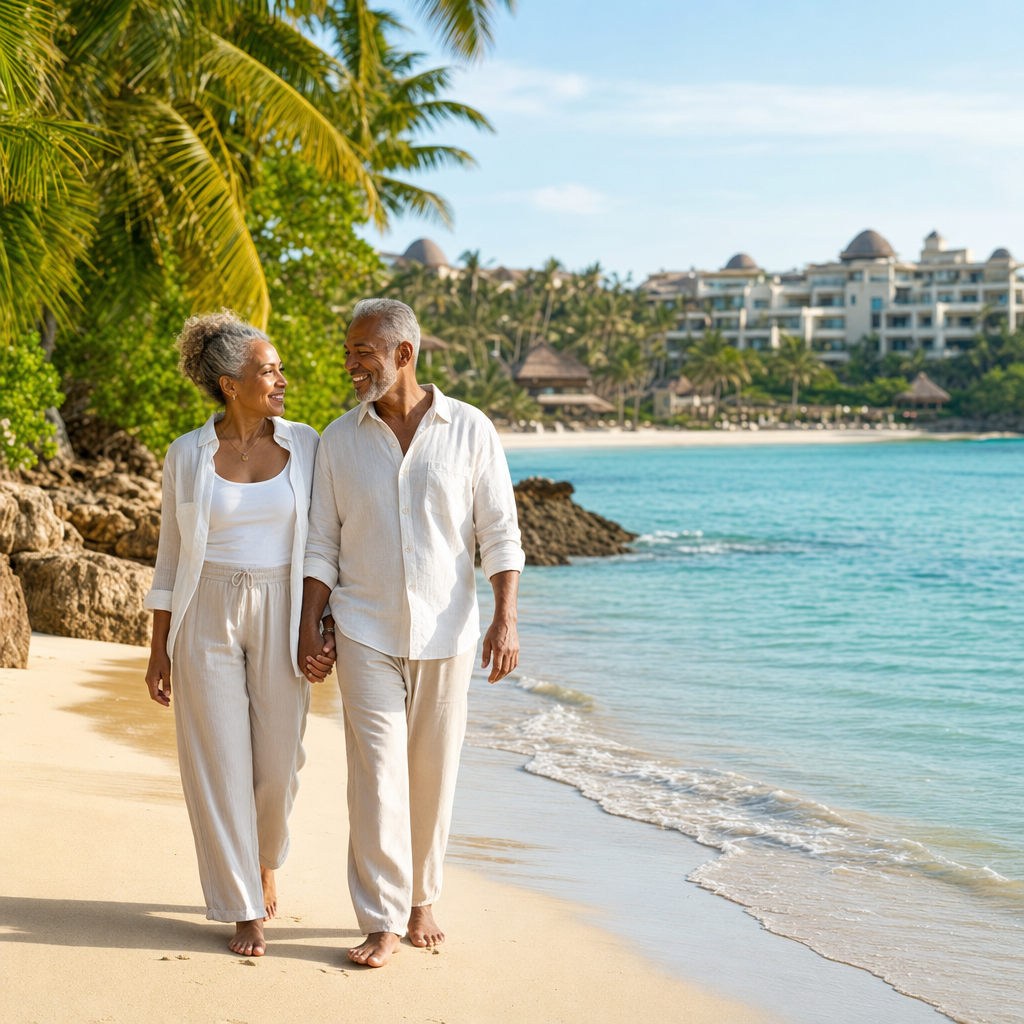 A mature Black couple walking hand in hand along a tropical beach near a luxury resort