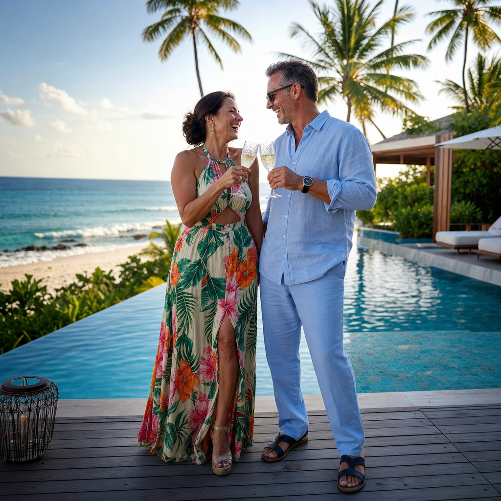A mature couple celebrating with champagne beside an infinity pool overlooking the ocean