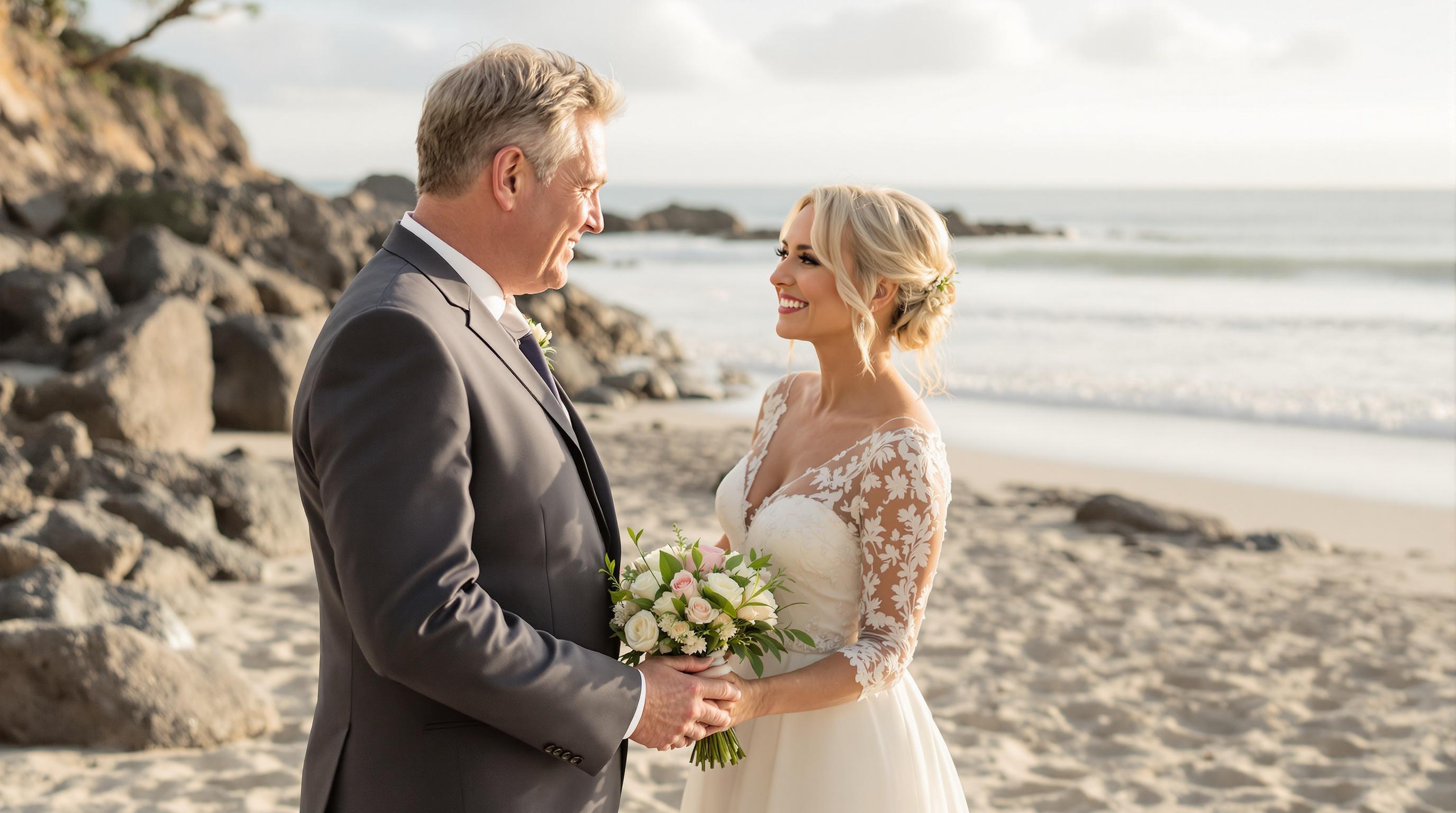 Mature couple renewing vows on beach