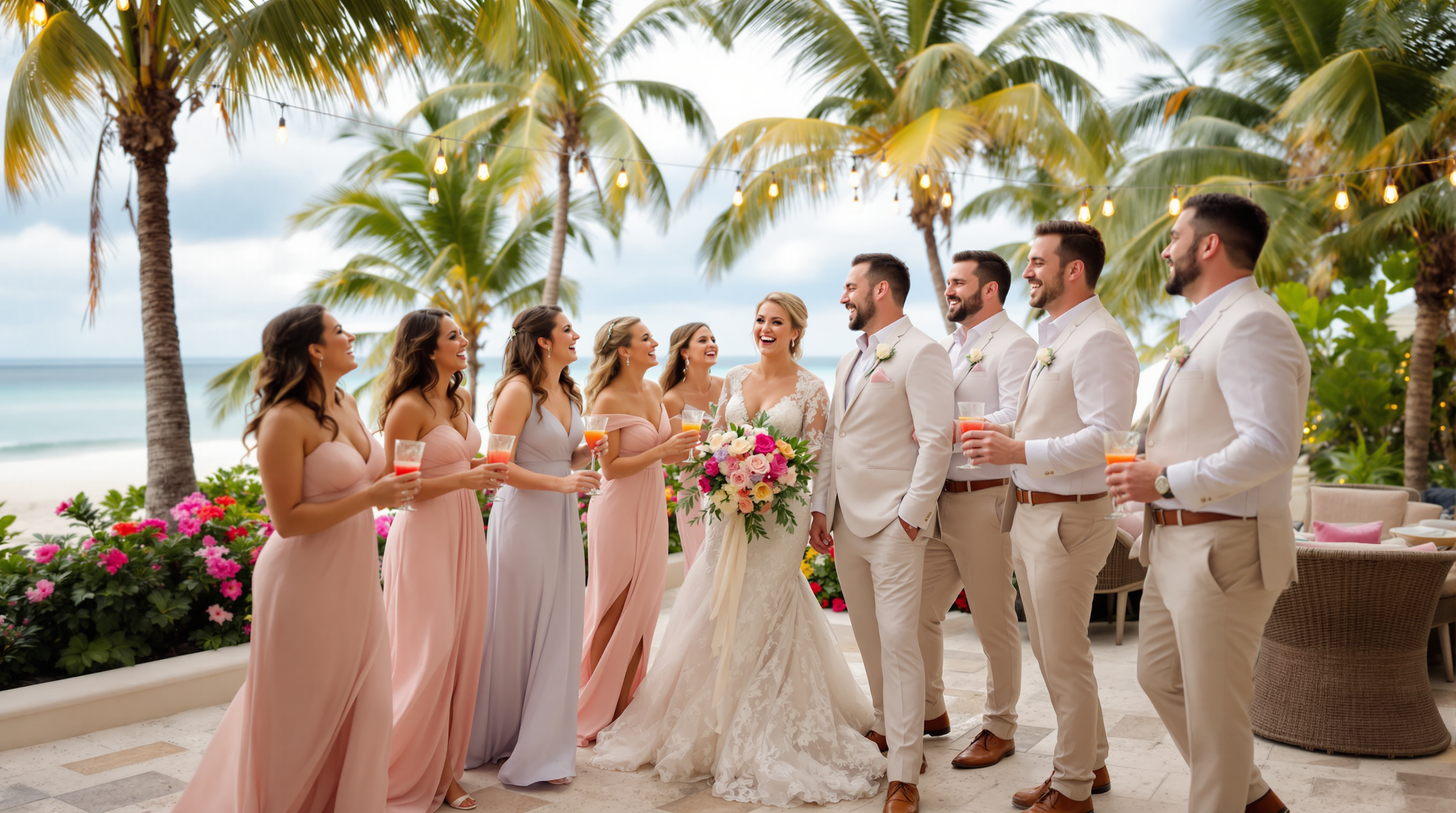 Wedding party celebration on beachfront