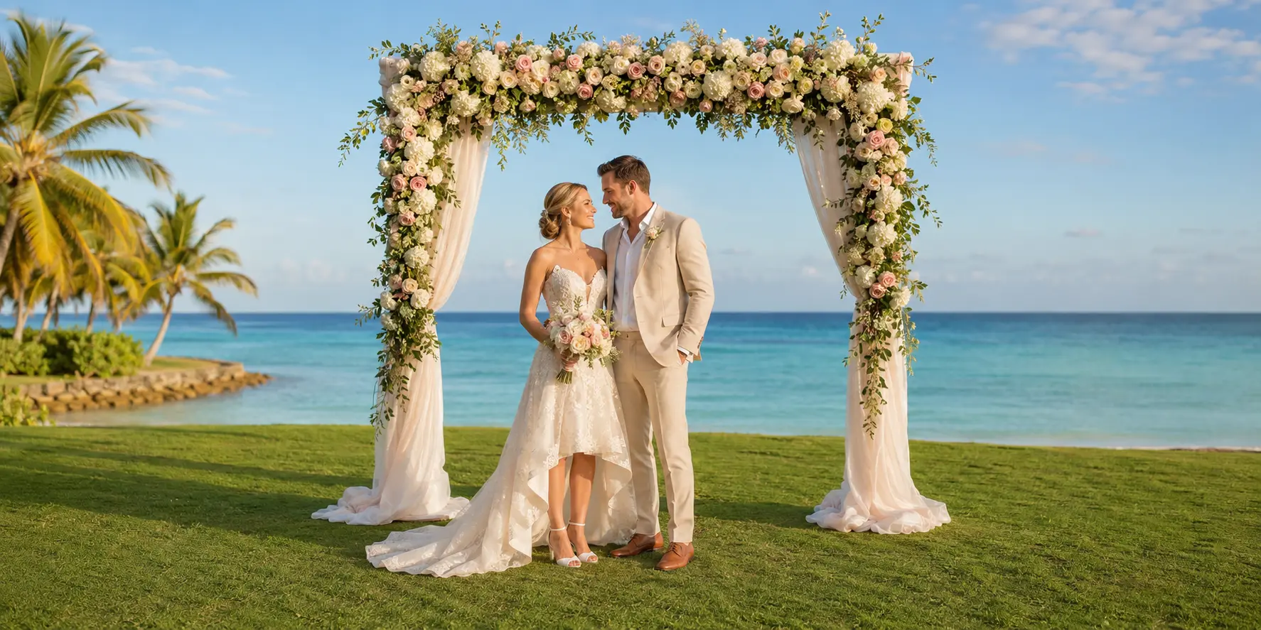 White bride and White groom celebrating on a Punta Cana oceanfront lawn